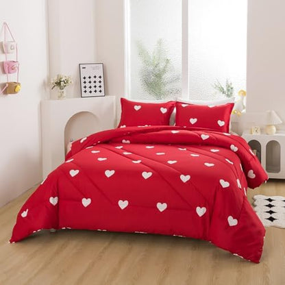 Caressma Love Queen Comforter Set - Romantic White Heart Print Red Bedding Comforter 3 Pieces Matching Pillowshams