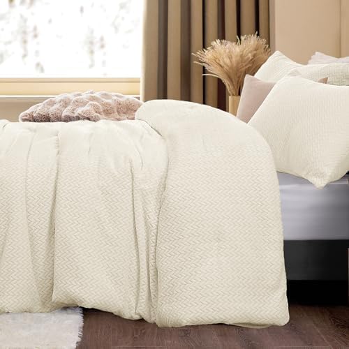 ChiXpace Fleece Full Size Comforter Set Beige, Fluffy Bed Set 3 Pieces