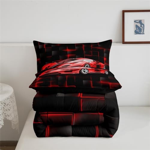Feelyou Kids Red Race Car Comforter Set King Size Speed Sports Car Bedding Set for Boys Teens Decor Geometric Honeycomb Comforter Extreme Sports Duvet Set 3pcs