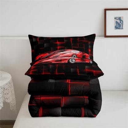 Feelyou Kids Red Race Car Comforter Set King Size Speed Sports Car Bedding Set for Boys Teens Decor Geometric Honeycomb Comforter Extreme Sports Duvet Set 3pcs