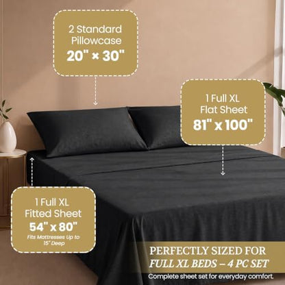 Full XL 100% Cotton Jersey Knit Sheet Set, 4PC, 15" Deep Pocket, Black