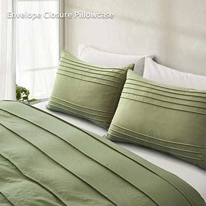 Oli Anderson 3PCS Pleated Duvet Cover Set, Sage Green, Queen