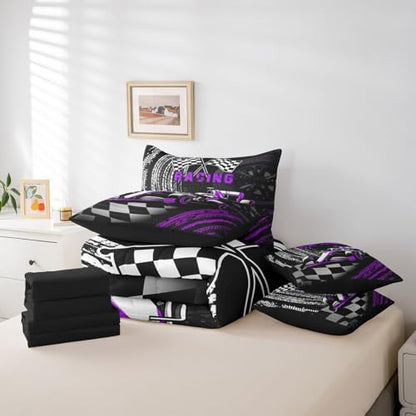 Boys Girls Racing Comforter Set 7 Pieces,Cool Race Car Speed Sport Bed Set,Kids Racing Game Bedding Bed in a Bag Soft,King (1 Comforter,2 Pillowcase,2 Pillow Covers,1 Flat Sheet,1 Fitted Sheet)