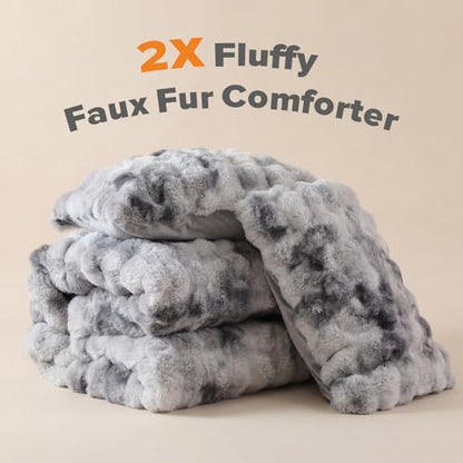 YIKUSH Queen Faux Fur Soft Comforter Set, Fluffy Rabbit FurBedding Set