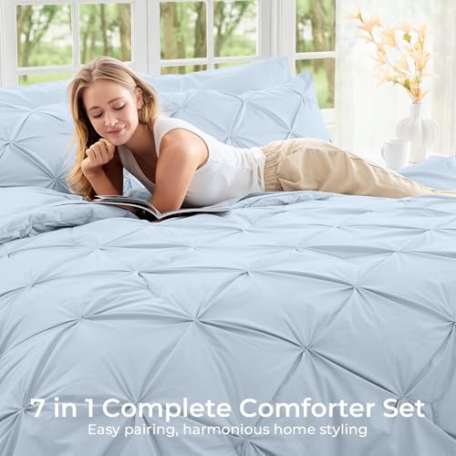 Sasttie Oversized King Comforter Set, 7-Piece Bed in a Bag, Pintuck Bedding Sets for All Season, Includes Comforter, Flat Sheet, Fitted Sheet, Pillowcases and Pillowshams, Light Blue
