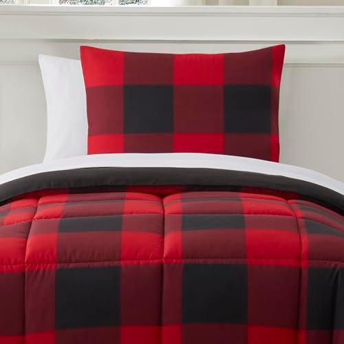 5 Piece Comforter Set Bed in a Bag Buffalo Check Christmas Print All Season Soft Down Alternative Bedding Comforter Set & Luxurious White Microfiber Bed Sheets, Twin, Buffalo Plaid Burgundy/Black