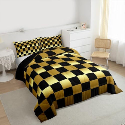 Checkered Comforter Set Full Size Modern Geometric Golden Yellow Black Bedding Set for Kids Boys Girls Cute Neutral Plaid Duvet Quilt Vintage Aesthetic Bedroom Decor 3 Pcs with 2 Pillow Cases