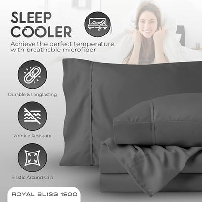 Top Split King Sheets Sets for Adjustable Bed, 4 Pcs Deep Pockets Double Brushed Microfiber Sheets, 34 Inch Split Top Fitted Sheet, 1 King Flat Sheet and 2 Pillowcases - Dark Grey