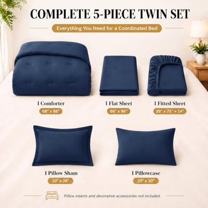 CozyLux Twin Comforter Navy, 5 Pieces Bed in a Bag