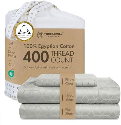 Threadmill 400TC Egyptian Cotton Twin Sheet Set, Jacquard, Light Grey