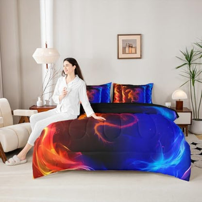 Erosebridal Dragon 7 Piece Bedding Set Queen Nebula Comforter Set with Sheets Mysterious Outer Space Bed in A Bag Red Blue Ombre Bed Sets with 2 Pillowcases, 2 Throw Pillow Covers
