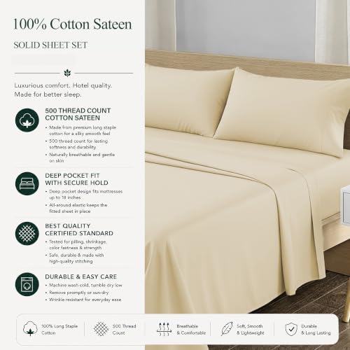 Feather & Stitch 100% Cotton Sateen 500 TC Split King Size Bed Sheet Set