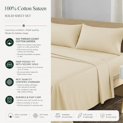 Feather & Stitch 100% Cotton Sateen 500 TC King Size Bed Sheet Set