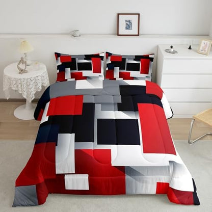 Kids 3D Geometric Comforter Set Twin Size,Red Black Grey Abstract Square Quilt Set for Kids Boys Bedroom Decor Xmas Gift,Colorful Plaid Print Polyester Bedding Set with 1 Pillowcase, 2 Piece