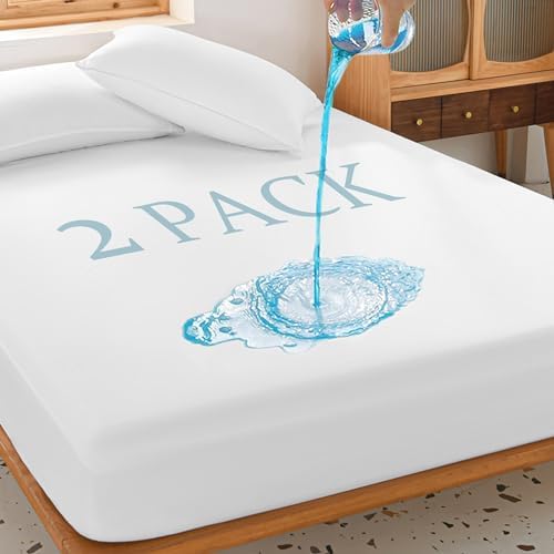 2 Pack Full Waterproof Mattress Protector Deep Pocket Mattress Cover, Soft Breathable Mattress Pad, Fitted Noiseless Waterproof Bed Cover Stretch to 19"