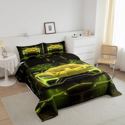 Feelyou Boys Race Car Comforter Set,Kids Sports Car Bedding Set King Size,Boys Bedroom Room Decor,Cool Speed Luxury Racing Car Comforter,Geometric Hexagon Racing Car Bed Set for All Season