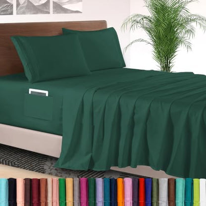 Elegant Comfort 4-Piece Bed Sheet Set - Luxury Bedding 1500 Premium Hotel Quality Microfiber, All Around Elastic 18-24 Inches Deep Fitted Sheet- Extra Deep Pocket Sheets, Queen, Hunter Green