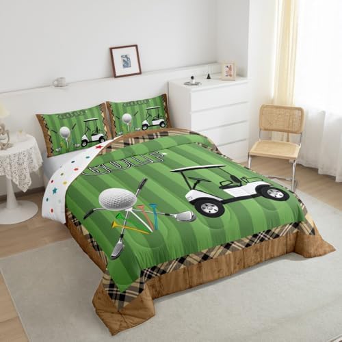 Castle Fairy Golf Bedding Set Twin Size Modern Fashion Sports Games Comforter Set for Kids Boys Bedroom Decor Geometric Plaid Stripes Soft Duvet Insert Golf Ball Print Down Comforter Set,2Pcs