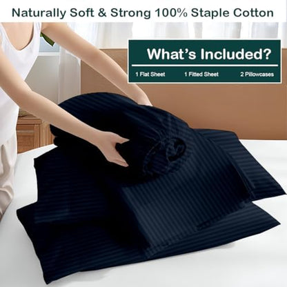 NON Sticky cotton Full 4 Piece Sheet Set, 100% Long Staple Cotton, Soft Cooling Hotel Luxury Bedding Sheets, Deep Pocket Fits 10" to 18" Mattress, 54" x 75", Navy Blue Stripe