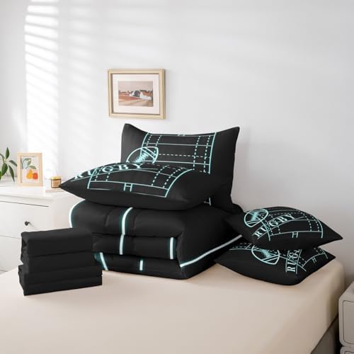 Sports Bedding Queen Size 7Pcs for Boys Football Comforter Set, Soccer Game Bedding Comforter Sets Black Teal Blue Bed in a Bag, Neon Blue Rugby Field Bedding Accessories (Black Reversible)