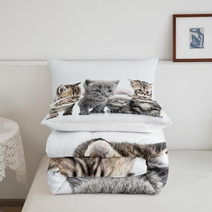 Feelyou Kids Cute Cat Bedding Set - Toddler Cartoon Pet Cats Comforter Set for Girls & Boys - Cute Kitten Room Decor - Kawaii Animal Theme Quilt Set - Queen Size with 2 Pillow Cases