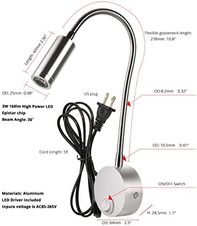 2-Pack Sleek Silver Bed Reading Light Wall Mount Lamp, 25° Focused Beam 3000K Warm White Adjust Neck Lamp, Polished Finish & Sand Silver Base, 4.92ft Plug-in, AC 85-265V