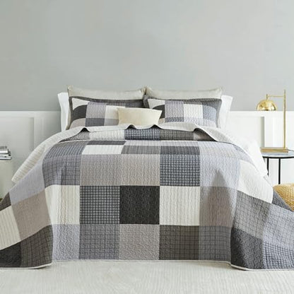 SahSahCasa 120"x120" 100% Cotton Oversized California King Quilt Bedspread Coverlet Set, Patchwork Plaid Cal King Quilted Bedspread Extra Large Quilt, XL Bed Spread Lightweight Comforter, Gray