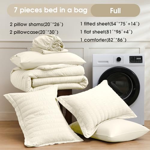 FreshCulture Comforter Set Seersucker 7 Pieces, All Season Bedding Set Full, Bed in a Bag Comforter Set with 1 Comforter, 1 Flat Sheet, 1 Fitted Sheet, 2 Pillowcases and 2 Pillow Shams, Ivory