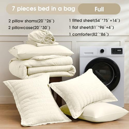 FreshCulture Comforter Set Seersucker 7 Pieces, All Season Bedding Set Full, Bed in a Bag Comforter Set with 1 Comforter, 1 Flat Sheet, 1 Fitted Sheet, 2 Pillowcases and 2 Pillow Shams, Ivory