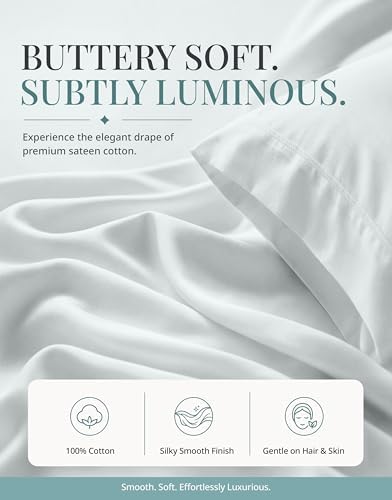 450TC 100% Cotton Queen Sheets - Silky Smooth Sateen Weave, Ballad Blue