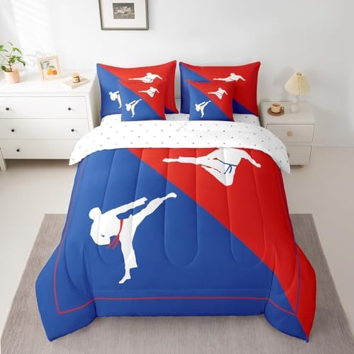 Castle Fairy 7 Pieces Taekwondo Comforter Set for Kids Blue Red Bedding Set Queen Size,Japanese Style Comforter for Boys Girls Adult Kungfu Super Soft Fade Resistant Microfiber Bedding