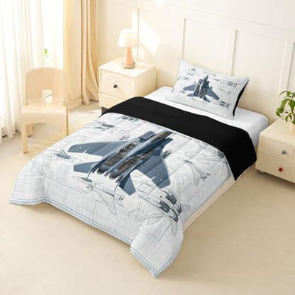 Erosebridal Fighter Aircraft Kids Comforter Sets Military Jet Toddler Bedding Set for Boys Girls Hand Drawn Grid Aircraft Comforter Set Modern Flying Airplane Quilt Duvet 2 Pcs
