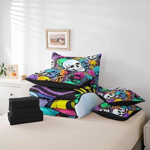 Erosebridal 7Pcs Halloween Skull Comforter Set for Kids Boys Girls Full Size,Colorful Bones Skeleton Bedding Set,Gothic Spooky Bed in A Bag,Exotic Hippie Sheet Set with Comforter