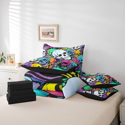 Erosebridal 7Pcs Halloween Skull Comforter Set for Kids Boys Girls Full Size,Colorful Bones Skeleton Bedding Set,Gothic Spooky Bed in A Bag,Exotic Hippie Sheet Set with Comforter