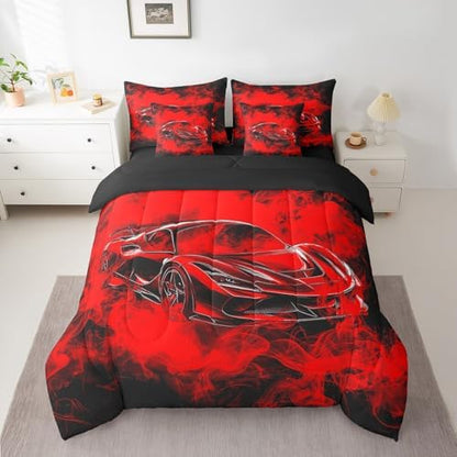 Feelyou Speed Sports Car Comforter Set with Sheets Twin Size Kids Smoky Race Car 7 Pieces Bedding Set for Boys Girls Teens Racing Car Bed in a Bag Breathable Extreme Sports Bed Set Black Red