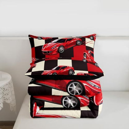 Erosebridal Red Racing Car Bedding Set Twin for Boys, Cool Speed Race Car Comforter Set for Kids Youth Men Teens Room Decor, Extreme Sport Quilt, Grid Buffalo Comforter, 2 Piece