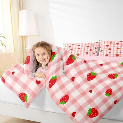 Kawaii Strawberry Comforter Set - Full Size Pink Bedding for Girls - 3 Pcs: Comforter, Duvet Insert, Striped Quilt