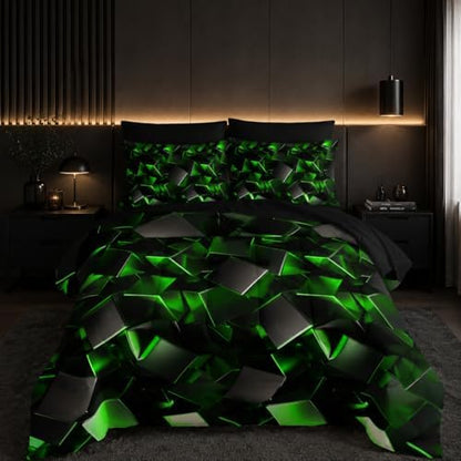 Nttopship Black and Green Geometric Comforter Set King Size 7PCS,Abstract Triangular Printed Bedding Set for Adults,Geometric Mordern Art Decor All Seasons with Pillowcases,Flat, Fitted Sheet