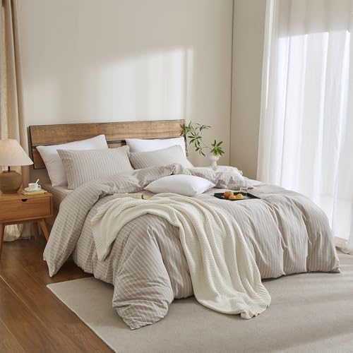 Striped Duvet Cover Set 3 Piece 100% Washed Cotton Linen Like Textured Bedding Comfy Breathable Lightweight (Queen, Wide Stripe-Beige Grey/White)