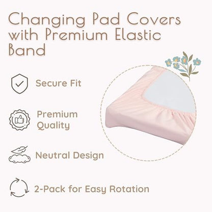 Baby Changing Pad Cover Girl, 100% Cotton Changing Table Sheets, 2 Pack Changing Table Covers, 32"x16" x 8" Diaper Changing Pad Cover Girl, Oeko-TEX Certified (Floral Pink Changing PadCover)