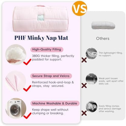 PHF Toddler Nap Mat with Removable Pillow and Minky Blanket, Rollup Design Kids Sleeping Mat, Slumber Bags for Girls, 50"x20" Toddler Sleeping Bag for Daycare Preschool Travel Camping, Rainbow