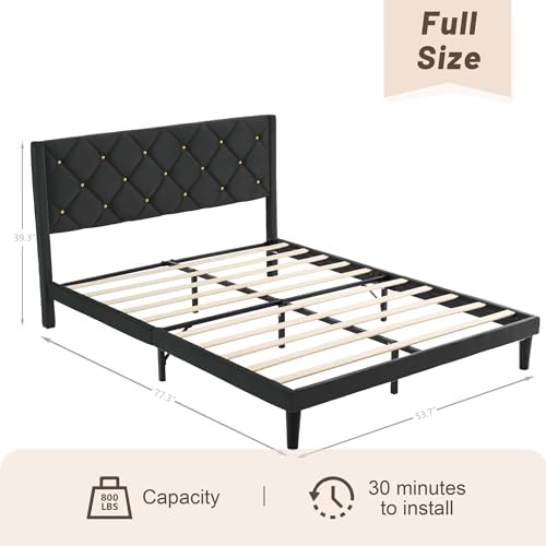 Full Size Platform Bed Frame with Velvet Headboard