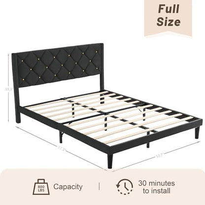 Full Size Platform Bed Frame with Velvet Headboard