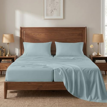 450TC 100% Cotton Split King Bed Sheets - Soft Sateen Weave, French Blue