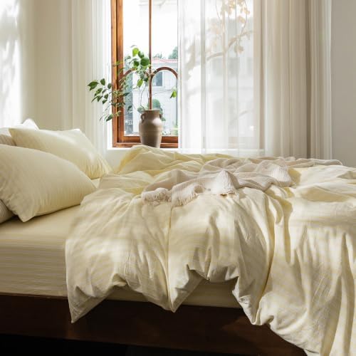 FOSSA Striped Duvet Cover Set 100% Washed Cotton Linen Feel Queen