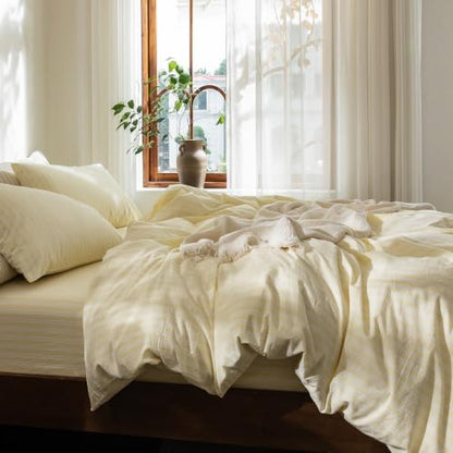 FOSSA Striped Duvet Cover Set 100% Washed Cotton Linen Feel Queen
