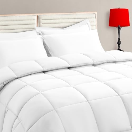 TAIMIT White Queen Size Comforter Set - 7 Pieces, Bed in a Bag Bedding Sets with All Season Soft Quilted Warm Fluffy Reversible Comforter,Flat Sheet,Fitted Sheet,2 Pillow Shams,2 Pillowcases