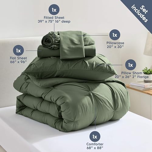 Nestl 7 Piece Twin Comforter Set – Olive Green Pinch Pleated Bed in a Bag – Complete Twin Size Bedding Set with Sheets, Set of 2 Cooling Pillows, Pillowcase and Sham