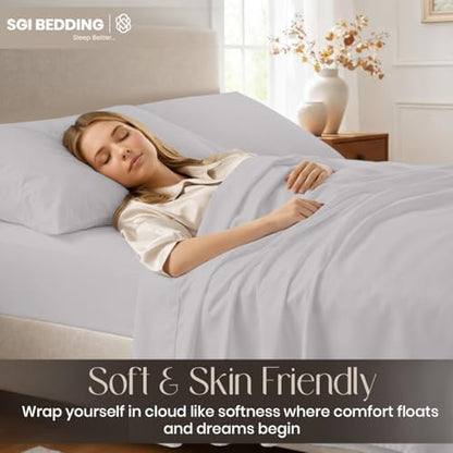 SGI bedding 100% Egyptian Cotton Sheets Full XL Size – Cooling Sheets, Soft Breathable Silver Bedding, Luxury Bedding, Luxury Hotel Sheet Set, Deep Pocket 16", 4 Piece Set