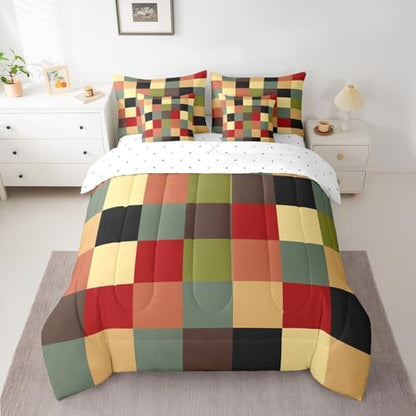 jejeloiu Classic Plaid Bedding Set 7Pcs King Size Kids Checkered Grid Comforter Set with Sheets for Boys Girls Buffalo Check Bed in a Bag Soft Lightweight,Microfiber